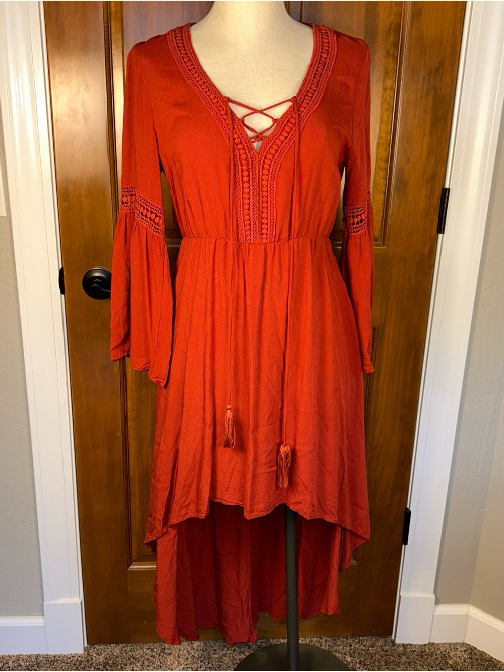 Flying Tomato Burgundy High Low Hem Midi Dress Boho Cottage Core sz Medium